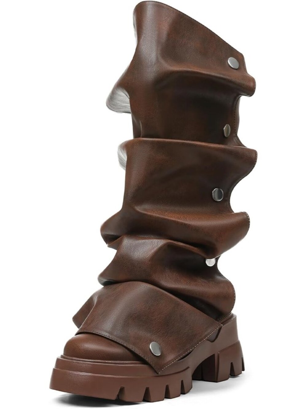 Women's Brown Faux Leather Fold Over Slouchy Dress Chunky Stacked Round Toe Boot